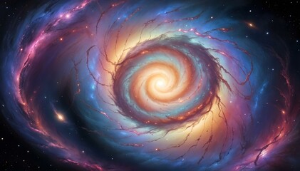 Wall Mural - Colorful swirling cosmic galaxy with a central spiral vortex, surrounded by vibrant hues of blue, purple, orange and red