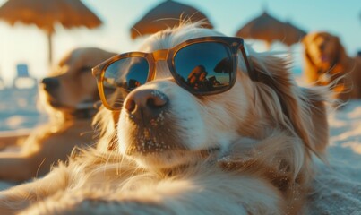 Funny animal pet dog summer holiday vacation photography banner background - Closeup of dogs with sunglasses, chilling relaxing at the tropical ocean beach