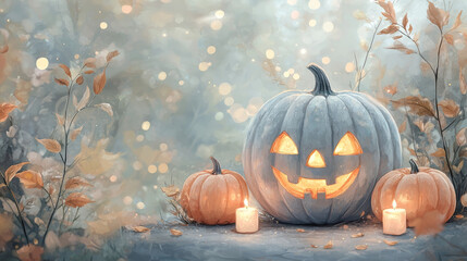 Wall Mural - Jack-o'-lantern with a friendly grin, surrounded by smaller pumpkins and flickering candles.