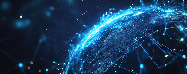Poster - Abstract global network concept with a blue Earth and glowing connections on a dark background, a futuristic technology
