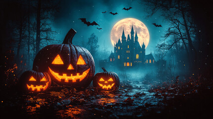 Canvas Print - Jack-o'-lanterns glow under a full moon, hinting at spooky fun.