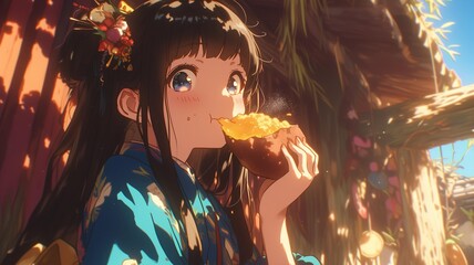 Wall Mural - 焼き芋を食べるアニメ調の日本人美少女