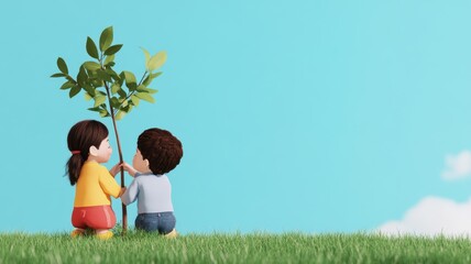 Two children plant a young tree, promoting friendship and environmental awareness in a bright, cheerful setting.