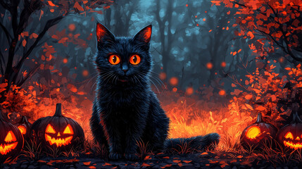 A black cat with glowing eyes sits in a dark forest with jack-o-lanterns.