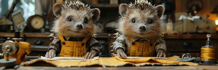 Two Cute Hedgehogs Working Together in a Workshop