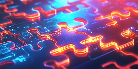 API integration concept with neon puzzle pieces connected on a futuristic digital background, highlighting seamless connectivity and system compatibility