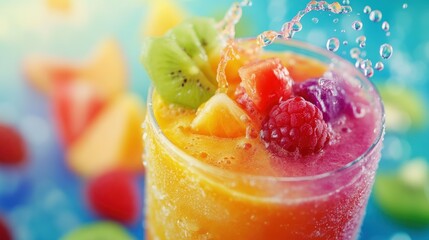 Close-up of a colorful fruit smoothie with splashes of water