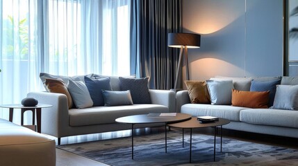 Canvas Print - Living room in blue and grey tones with stylish furniture and lamp.