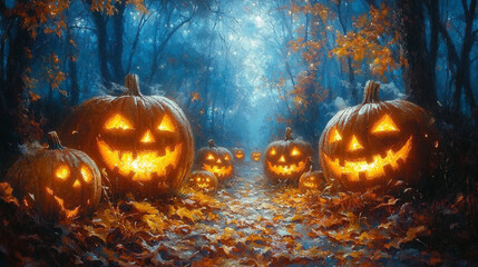 Wall Mural - Spooky jack-o'-lanterns line a path in a dark forest.