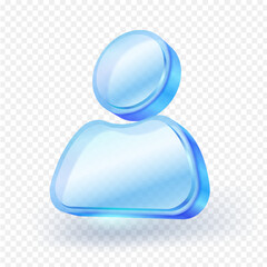 icon person 3d blue crystal glass material. Symbol for App, social , UI screen with reflection isolated on white background. 3D vector illustration.