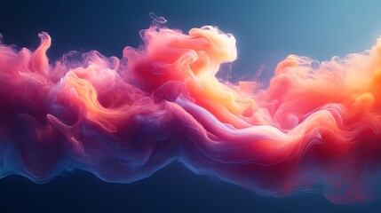 Abstract vibrant pink, orange, and blue swirling smoke cloud on a dark blue background.