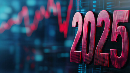 Poster - A detailed view of holographic 2025 sign with vibrant colors and digital background, symbolizing future trends and data analysis.
