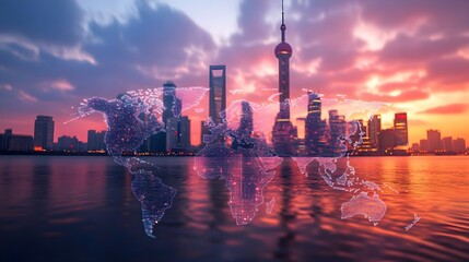 A captivating sunset view of Shanghai's skyline with a global map overlay, symbolizing modernity and connectivity.