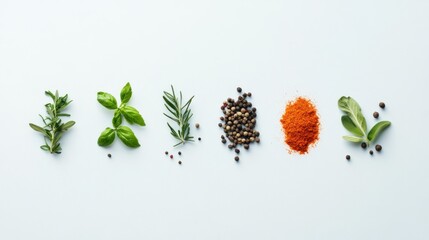 Wall Mural - Arrangement of Herbs and Spices on a Light Blue Background