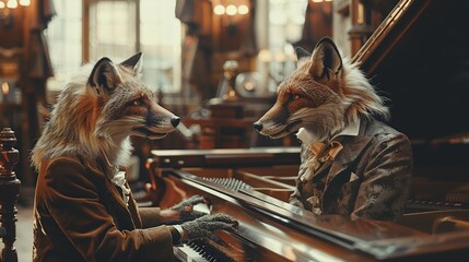 Two Foxes Playing Piano