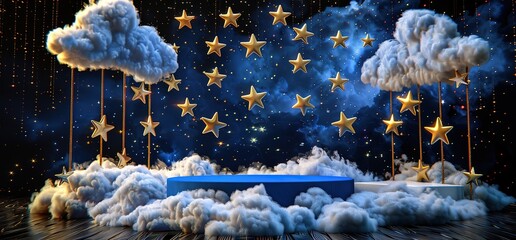 Wall Mural - 3D rendering of a dreamy night sky with clouds, stars, and a blue podium. Perfect for product displays and creative projects.