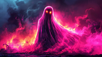 Wall Mural - A ghostly figure with glowing eyes emerges from the fiery mist.