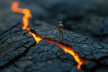 Wall Mural - A small figurine standing on a dramatically cracked surface, with a glowing orange line suggesting a dramatic, possibly volcanic environment.
