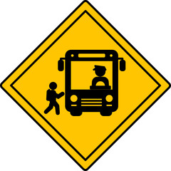 Sticker - Yellow Sign School Bus Warning. Road Sign. Bus Stop. Schoolboy Entering School Bus With Driver. Vector Icons