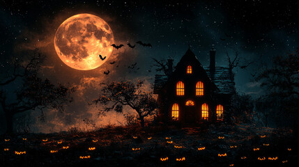 Wall Mural - A spooky Halloween scene with a haunted house, a full moon, and bats flying in the night sky.