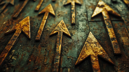 Poster - Golden arrows pointing upward arranged on a textured wooden backdrop in an artistic display capturing the theme of direction and movement