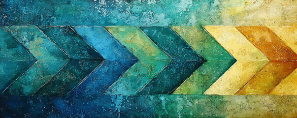 Poster - Abstract artwork featuring bold, textured arrows in various shades of blue, green, and yellow, creating a dynamic visual experience