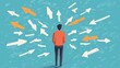 © Yotwarit - A man stands amidst a flurry of arrows pointing in different directions, symbolizing the feeling of overwhelm and indecision.