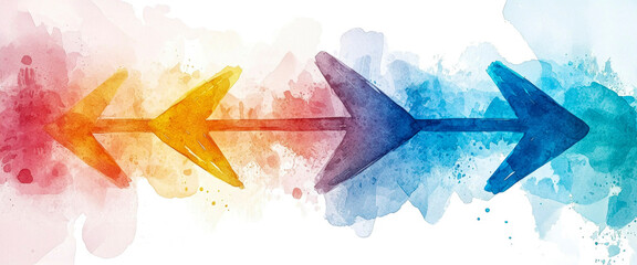 Leinwandbilder - Colorful watercolor arrows moving forward through a vibrant abstract background of soft pastel hues and dynamic brush strokes