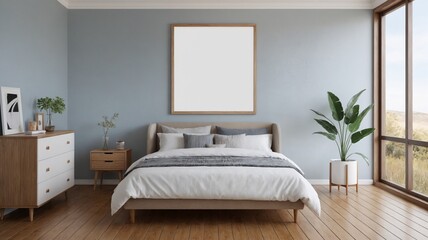 An empty bedroom interior design illustration template image, An empty photo frame on the wall interior mockup design.