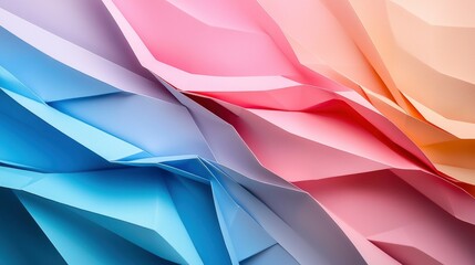Poster - Vibrant abstract paper folds in pastel pink, blue, and peach hues create a dynamic visual display with intricate textures and shadows