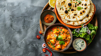 cuisine paneer butter masala accompanied by green salad copy space, chapati roti, paratha, and fulka bread