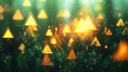 Poster - Glowing triangular shapes illuminate a tranquil forest, blending with the lush greenery and casting a magical ambiance during twilight.