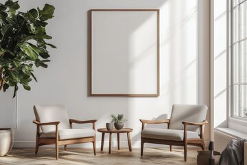 A Scandinavian style living room with two armchairs framing a large poster on a white wall.