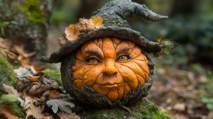 Wall Mural - A whimsical pumpkin carved into a face with a witch's hat.