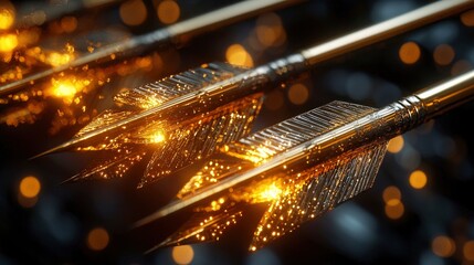 Poster - Golden arrow fletching illuminated by sunlight in a vibrant outdoor setting during late afternoon hours