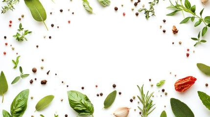 Wall Mural - White Background with Sprigs of Herbs, Spices, and Garlic