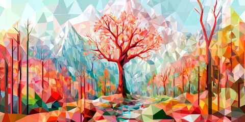 A vibrant autumn forest scene rendered in a geometric, low-poly style. A lone red tree stands out amidst colorful foliage, with snow-capped mountains in the distance