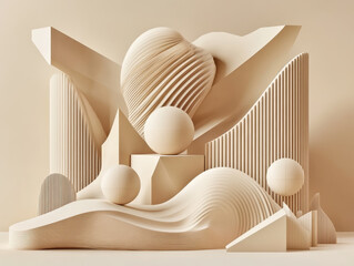 Poster - Textured geometric shapes create dynamic composition on neutral background, showcasing blend of curves and lines.
