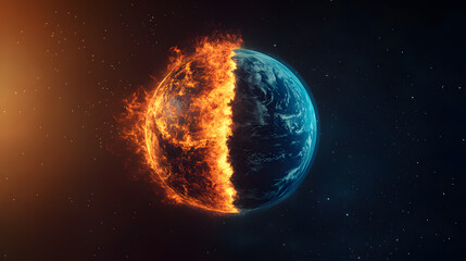 A digital representation of Earth with one half engulfed in flames while the other remains lush and blue illustrating the contrast between destruction and preservation