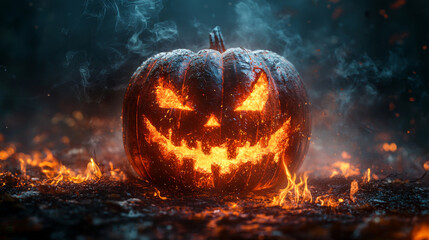 Wall Mural - A fiery jack-o'-lantern glows in the darkness.