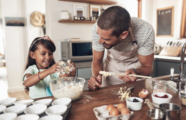 Poster - Male person, kid and learning with baking, skill or cooking for nutrition, education and growth. Father, child and teaching in youth development, support and bonding on kitchen counter in family home