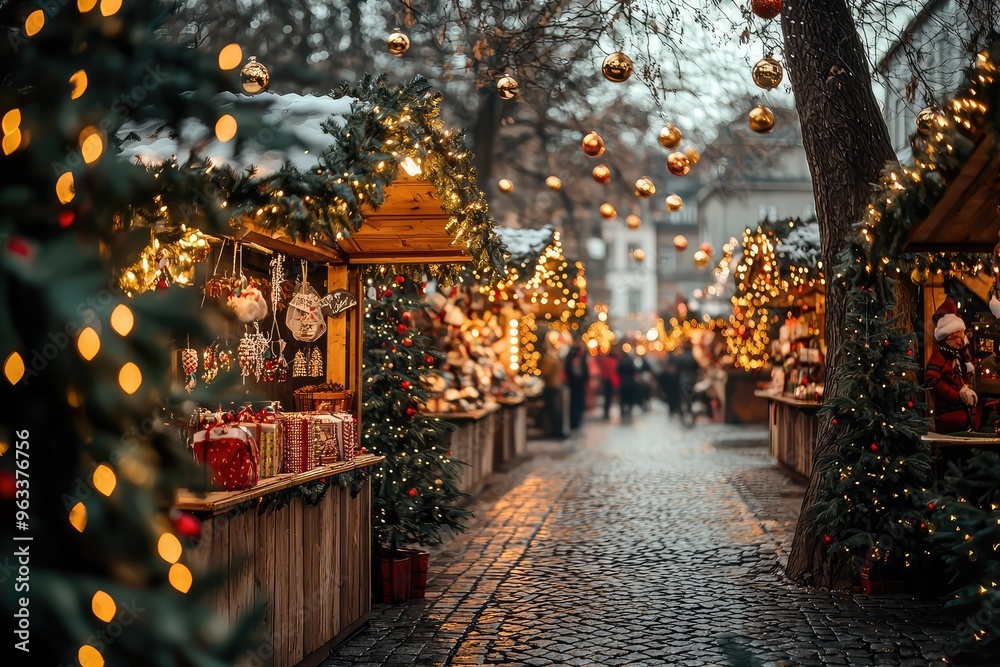A Festive European Christmas Market: Cobblestone Street, twinkling