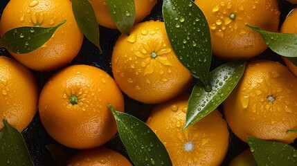 Wall Mural - Creative fruits composition. Beautiful oranges whole and sliced glistering with dew water droplet. Neural network ai generated art