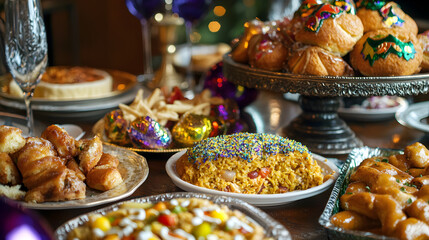 A table set with a festive Mardi Gras feast featuring vibrant food, colorful desserts, and decorative pastries in a celebratory atmosphere