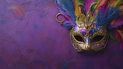 A traditional mardi gras mask with intricate designs and colorful feathers against a purple textured background