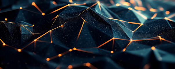 Poster - Textured low poly 3D forms with glowing lines create captivating visual effect. dark background enhances vibrant orange glow, evoking sense of depth and intrigue.