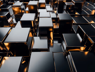 Poster - Shiny metallic cubes create dynamic and modern composition, reflecting light beautifully against minimalist background.