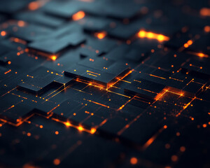 Poster - Dark background with glowing metallic 3D elements creating dynamic visual effect. intricate patterns and warm light evoke sense of depth and technology.