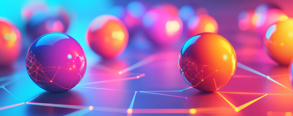 Poster - Vibrant 3D spheres arranged on gradient backdrop create stunning visual effect. colorful orbs reflect light beautifully, enhancing dynamic atmosphere.
