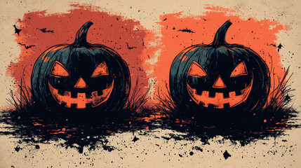 Two jack-o'-lanterns with menacing grins sit in the grass against a red, orange, and black background.